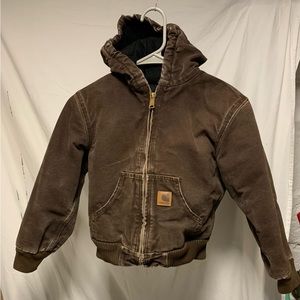 Carhartt Brown Lined Heavy Warm Winter Coat Hooded Zip Up Youth Size 8M Canvas